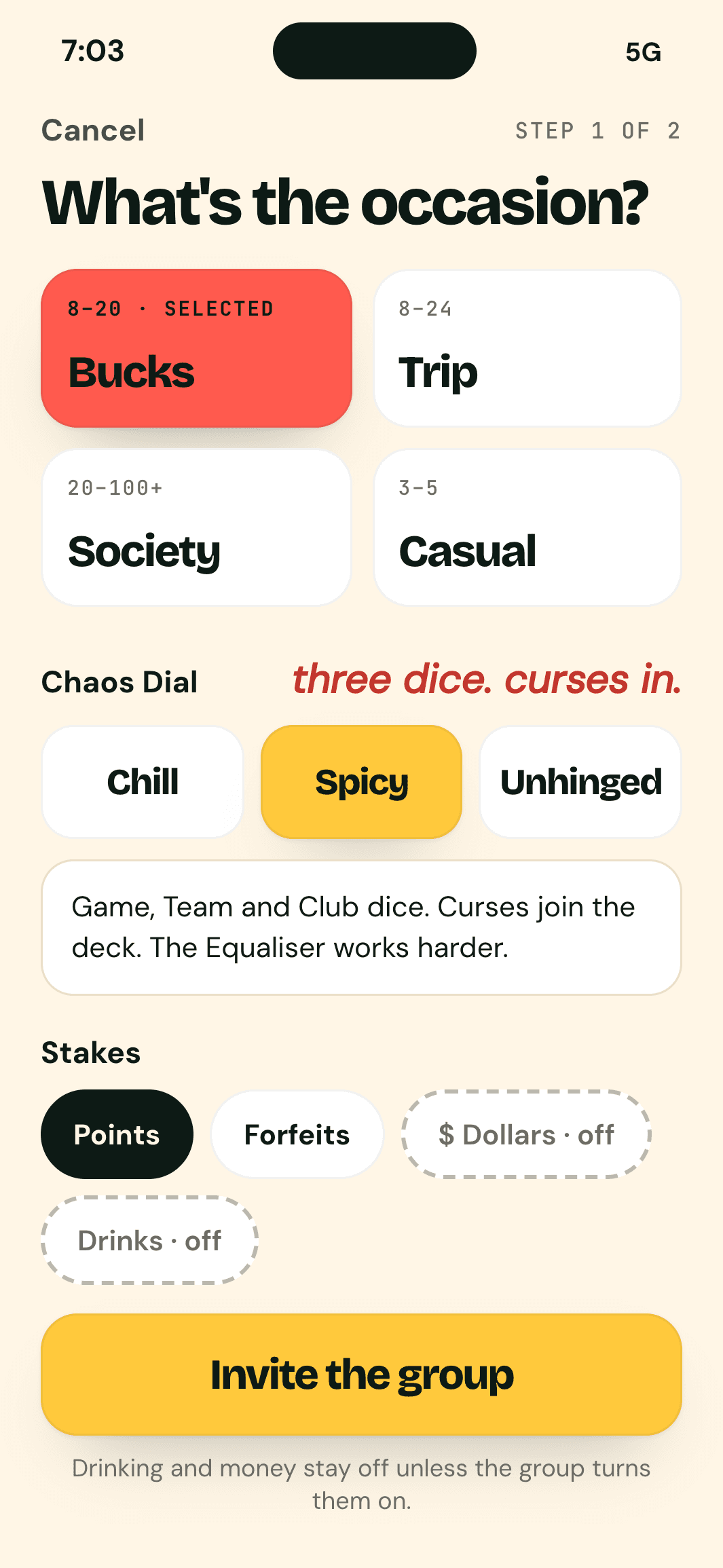 New occasion: Bucks selected, Chaos Dial on Spicy, stakes in points and forfeits