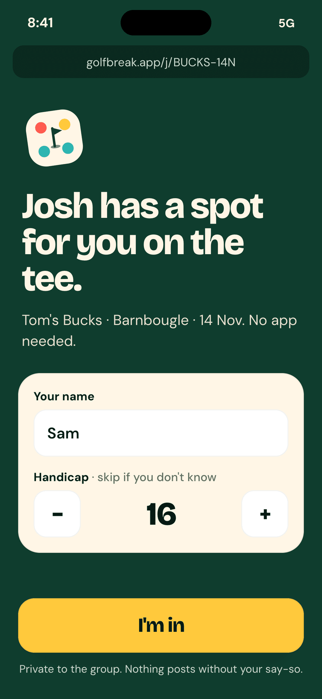 Guest join from a link: name and handicap, no app needed