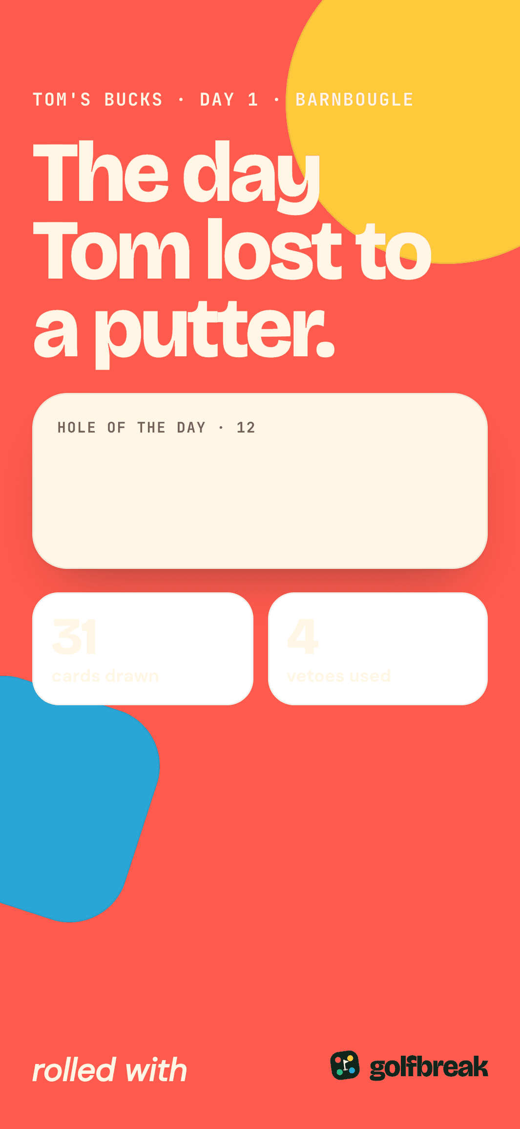 Shareable recap card: The day Tom lost to a putter