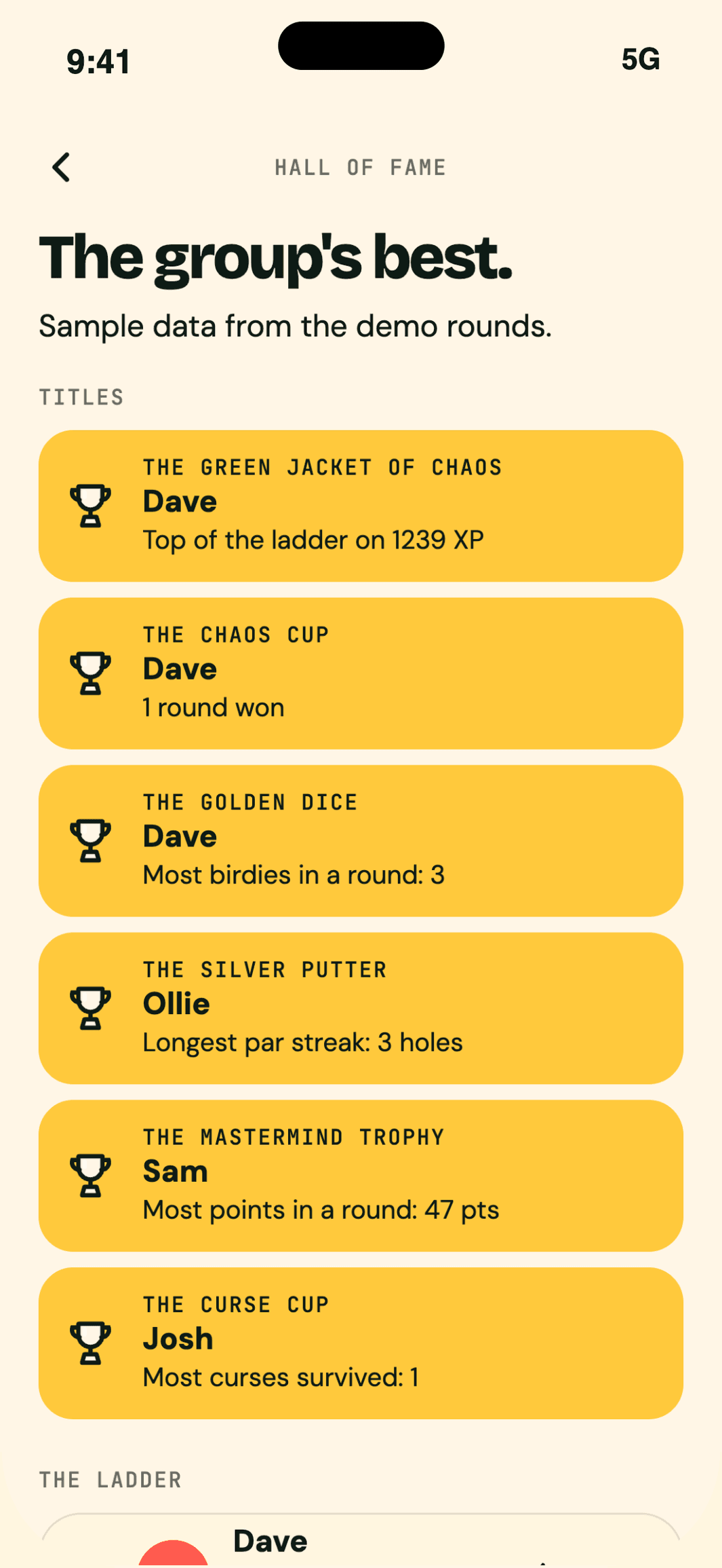 Hall of Fame titles: The Green Jacket of Chaos, The Chaos Cup, The Golden Dice, The Silver Putter